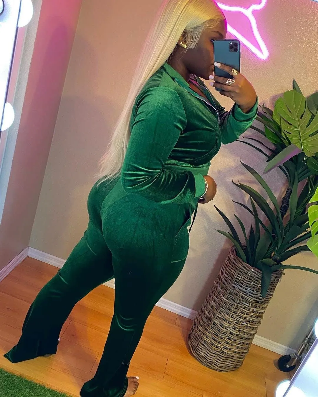 Cute Velour Tracksuit Women 2 Piece Outfits Sets Sexy Cropped Zip Up Hoodie Crop Tops Jackets Flared Pant with Pocket