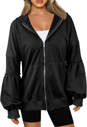 Dailiup Women Zip up Hoodies Oversized Long Sleeves Casual Sweatshirts Fall Outfit Jackets with Pocket