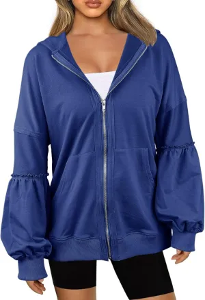Dailiup Women Zip up Hoodies Oversized Long Sleeves Casual Sweatshirts Fall Outfit Jackets with Pocket