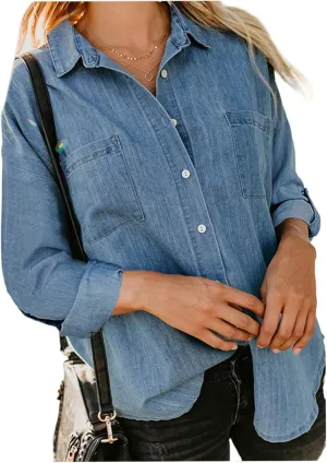 Denim Button Down Shirt Women Jean Shirts Jacket Dressy Casual Long Sleeve Blouses Tops Oversized Shacket with Pockets