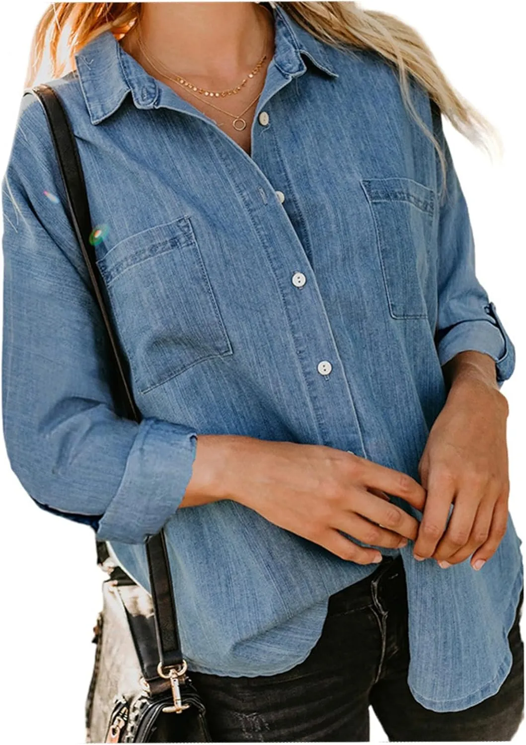 Denim Button Down Shirt Women Jean Shirts Jacket Dressy Casual Long Sleeve Blouses Tops Oversized Shacket with Pockets
