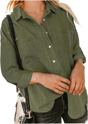 Denim Button Down Shirt Women Jean Shirts Jacket Dressy Casual Long Sleeve Blouses Tops Oversized Shacket with Pockets