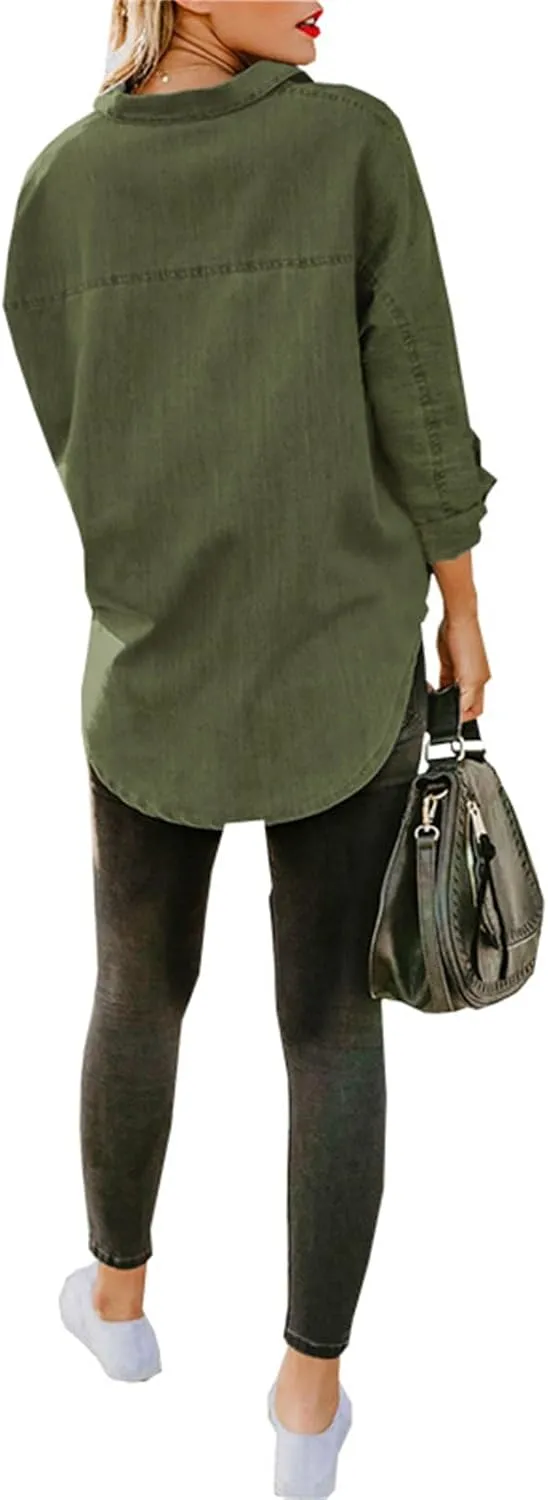 Denim Button Down Shirt Women Jean Shirts Jacket Dressy Casual Long Sleeve Blouses Tops Oversized Shacket with Pockets