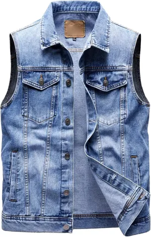 Denim Vest for Men Casual Sleeveless Button Down Denim Jacket Lapel Vintage Trucker Jeans Vests