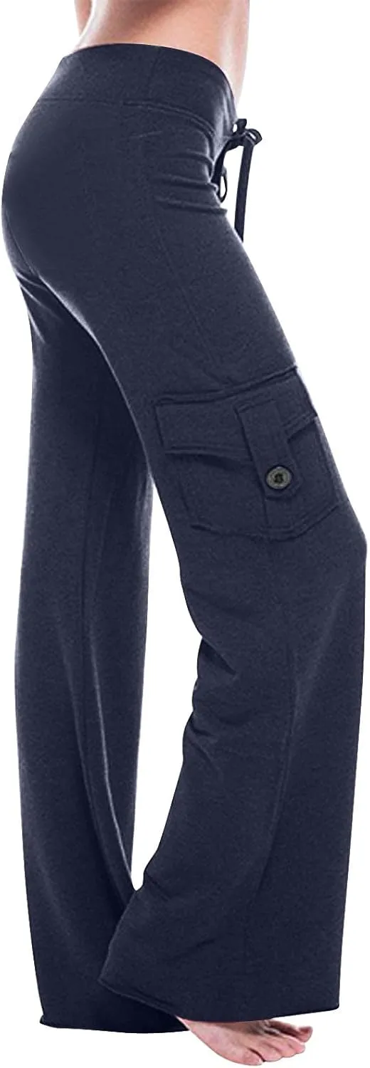 Dgoopd Cargo Pants Women Wide Leg High Waist Yoga Pants Plus Size Cargo Yoga Pants Drawstring Soft Lounge Pants with Pockets