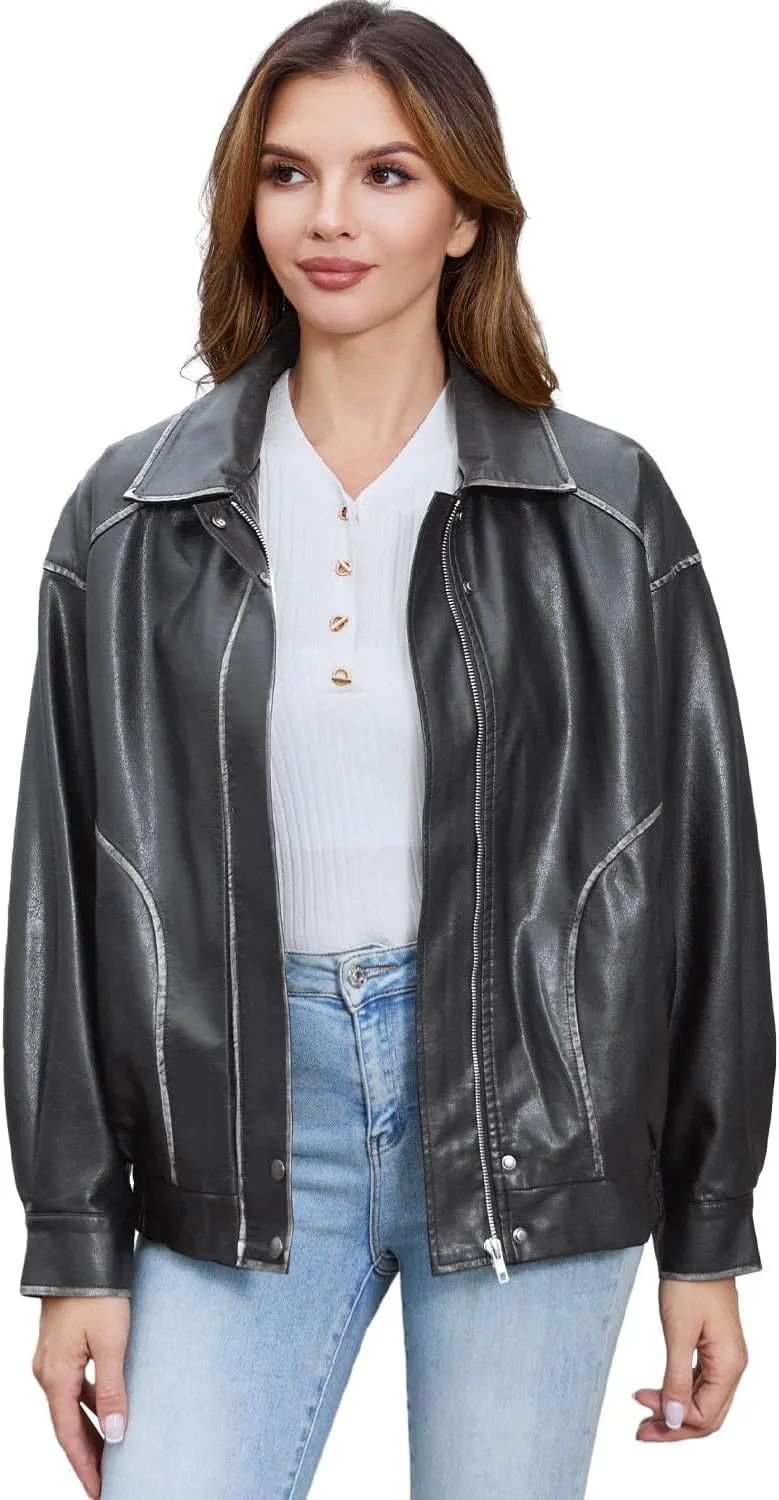 DIASHINY Faux Leather Jacket For Women Moto Biker Zip Up Motorcycle Loose Outwear