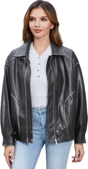 DIASHINY Faux Leather Jacket For Women Moto Biker Zip Up Motorcycle Loose Outwear