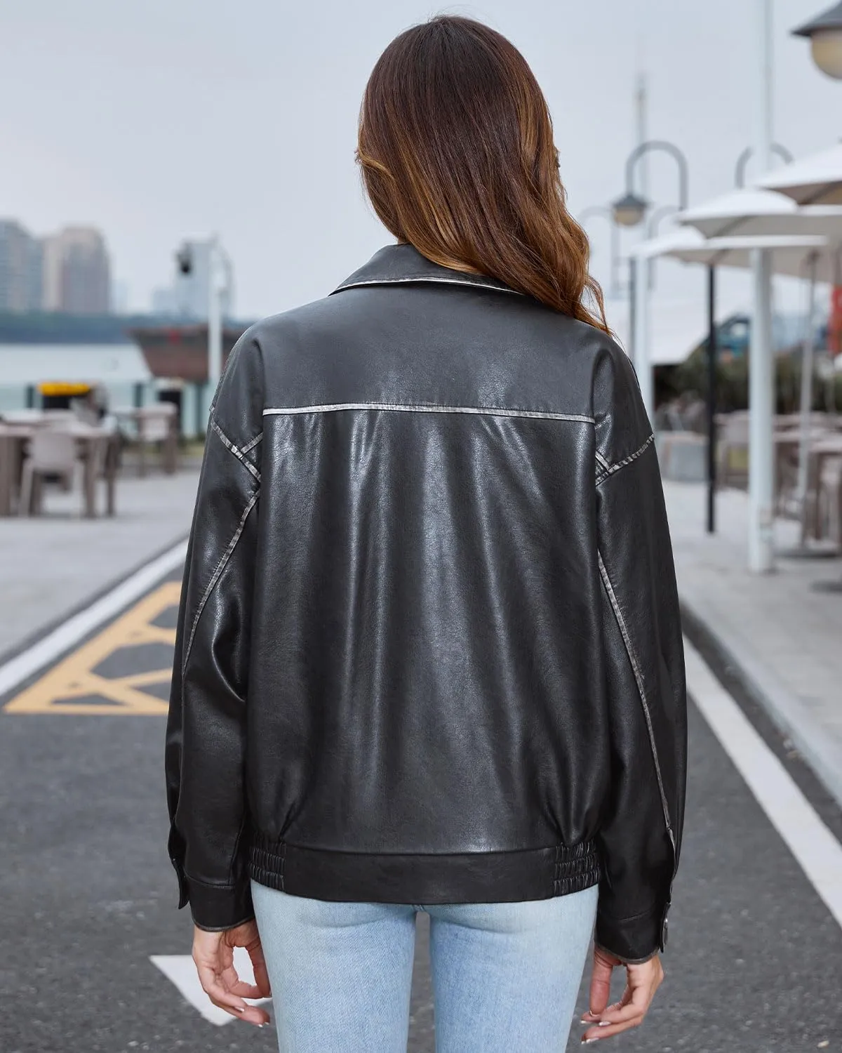 DIASHINY Faux Leather Jacket For Women Moto Biker Zip Up Motorcycle Loose Outwear