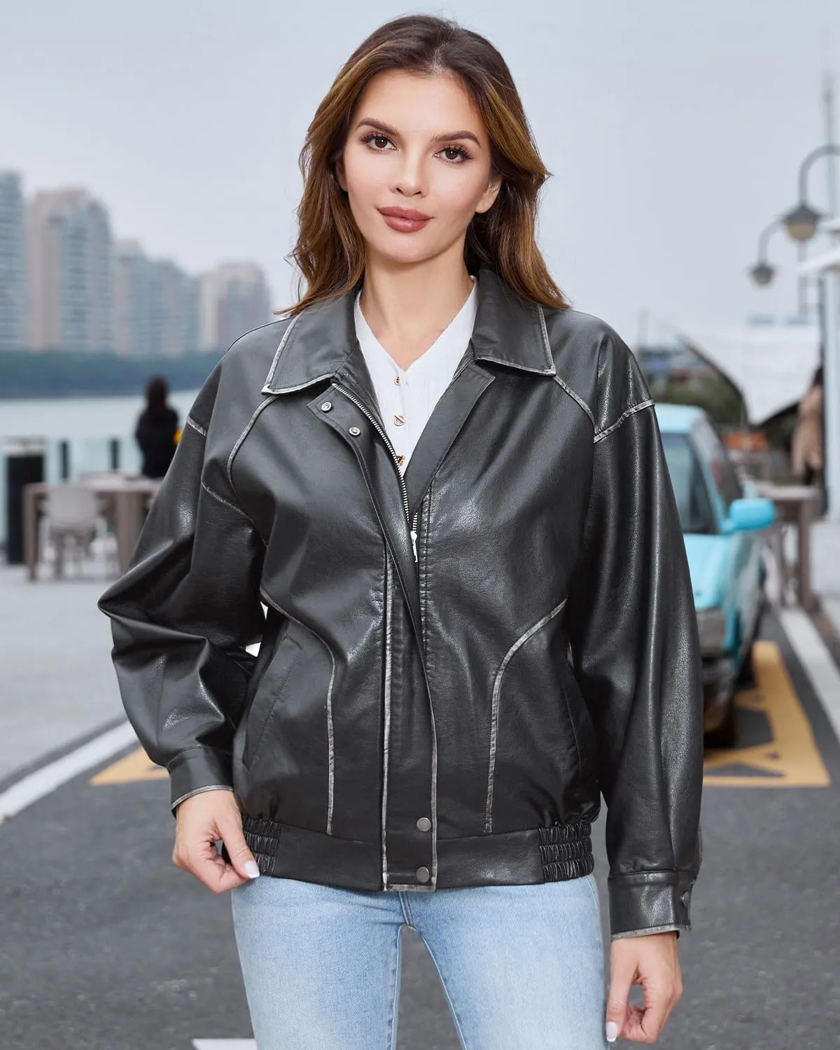 DIASHINY Faux Leather Jacket For Women Moto Biker Zip Up Motorcycle Loose Outwear