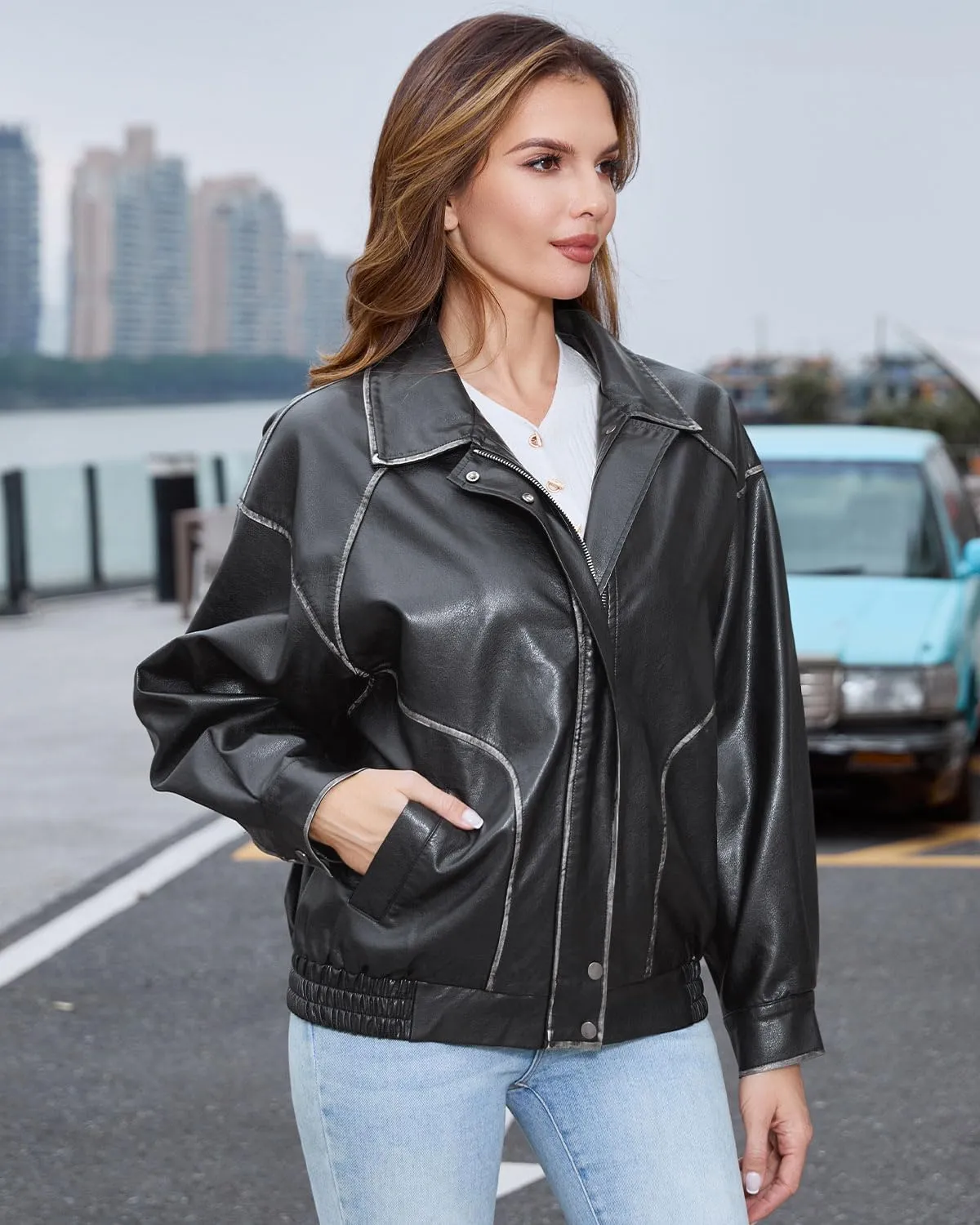 DIASHINY Faux Leather Jacket For Women Moto Biker Zip Up Motorcycle Loose Outwear