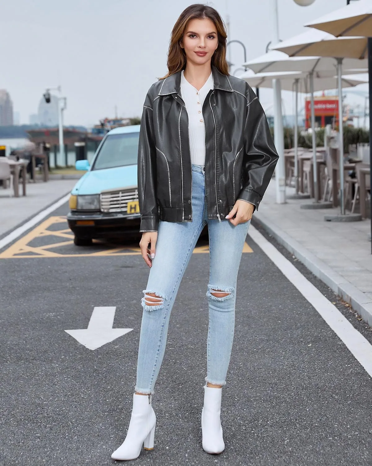 DIASHINY Faux Leather Jacket For Women Moto Biker Zip Up Motorcycle Loose Outwear