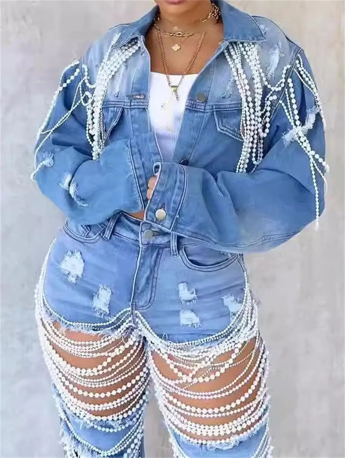 Distressed Pearl Chain Crop Denim Long Sleeve Jackets Womens Cropped Denim Jacket Pearl Top Jean Jacket Coat Jackets