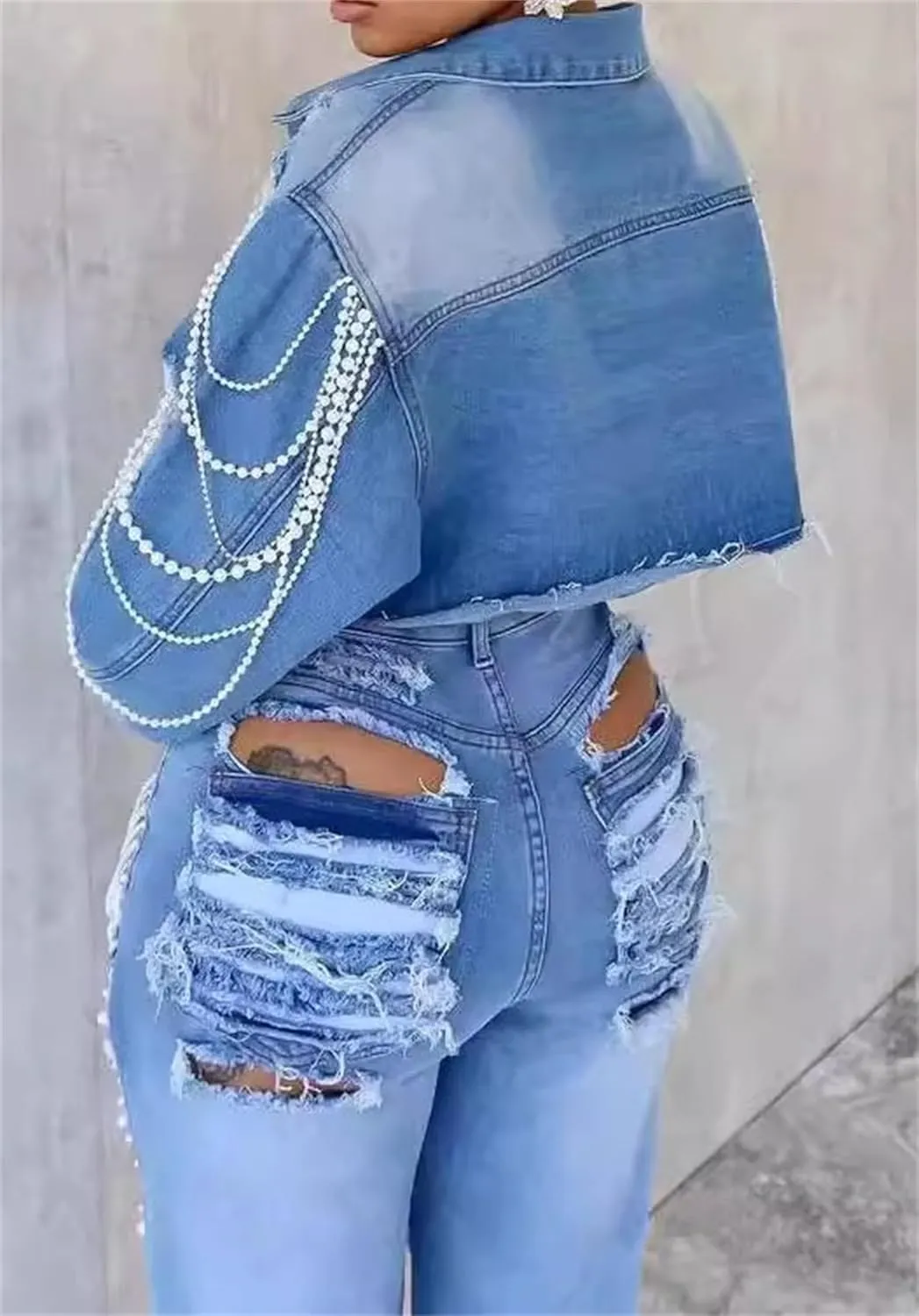 Distressed Pearl Chain Crop Denim Long Sleeve Jackets Womens Cropped Denim Jacket Pearl Top Jean Jacket Coat Jackets