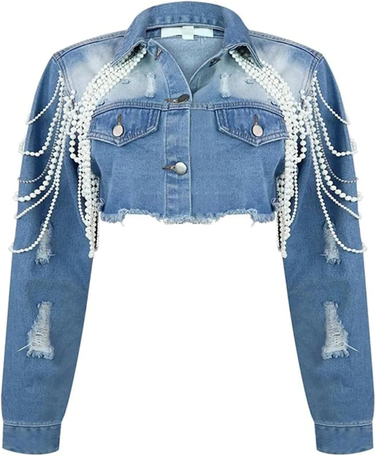 Distressed Pearl Chain Crop Denim Long Sleeve Jackets Womens Cropped Denim Jacket Pearl Top Jean Jacket Coat Jackets