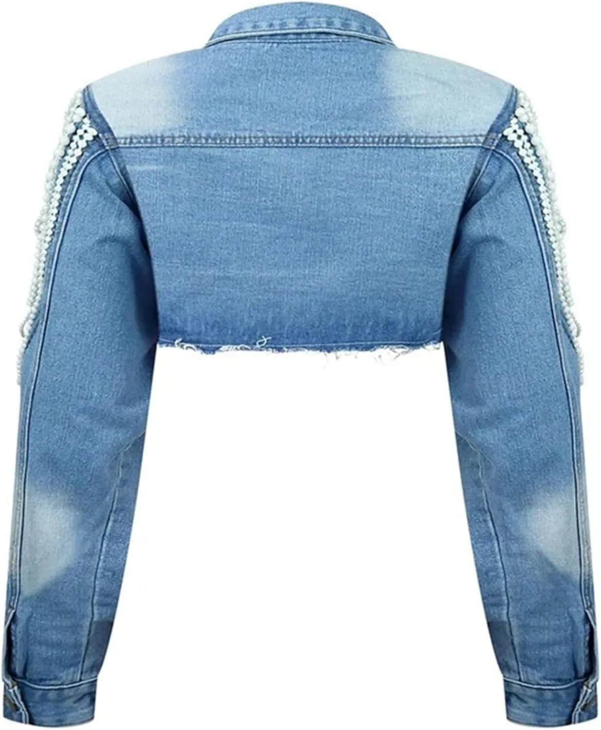 Distressed Pearl Chain Crop Denim Long Sleeve Jackets Womens Cropped Denim Jacket Pearl Top Jean Jacket Coat Jackets
