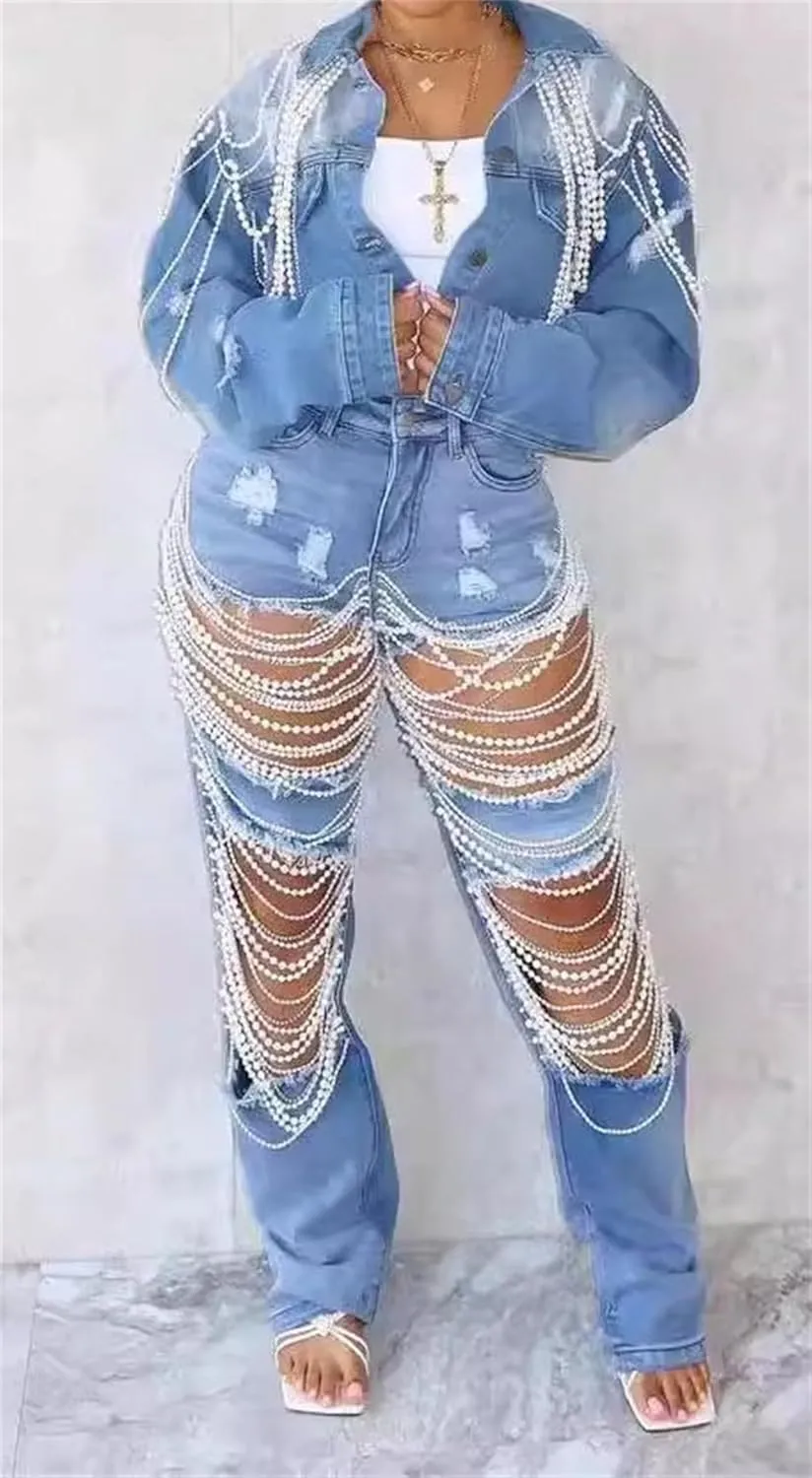 Distressed Pearl Chain Crop Denim Long Sleeve Jackets Womens Cropped Denim Jacket Pearl Top Jean Jacket Coat Jackets