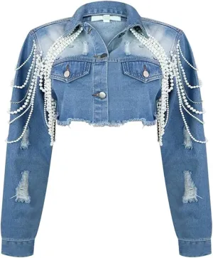 Distressed Pearl Chain Crop Denim Long Sleeve Jackets Womens Cropped Denim Jacket Pearl Top Jean Jacket Coat Jackets
