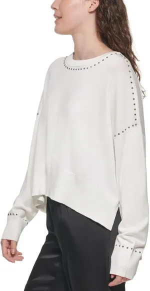 DKNY Womens Studded Crew Neck Pullover Sweater