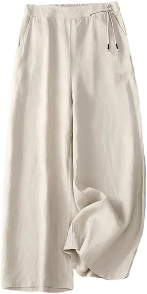 Dndrdhfb Women's Elastic Waist Wide Leg Pants Casual Cotton and Linen Harem Pants