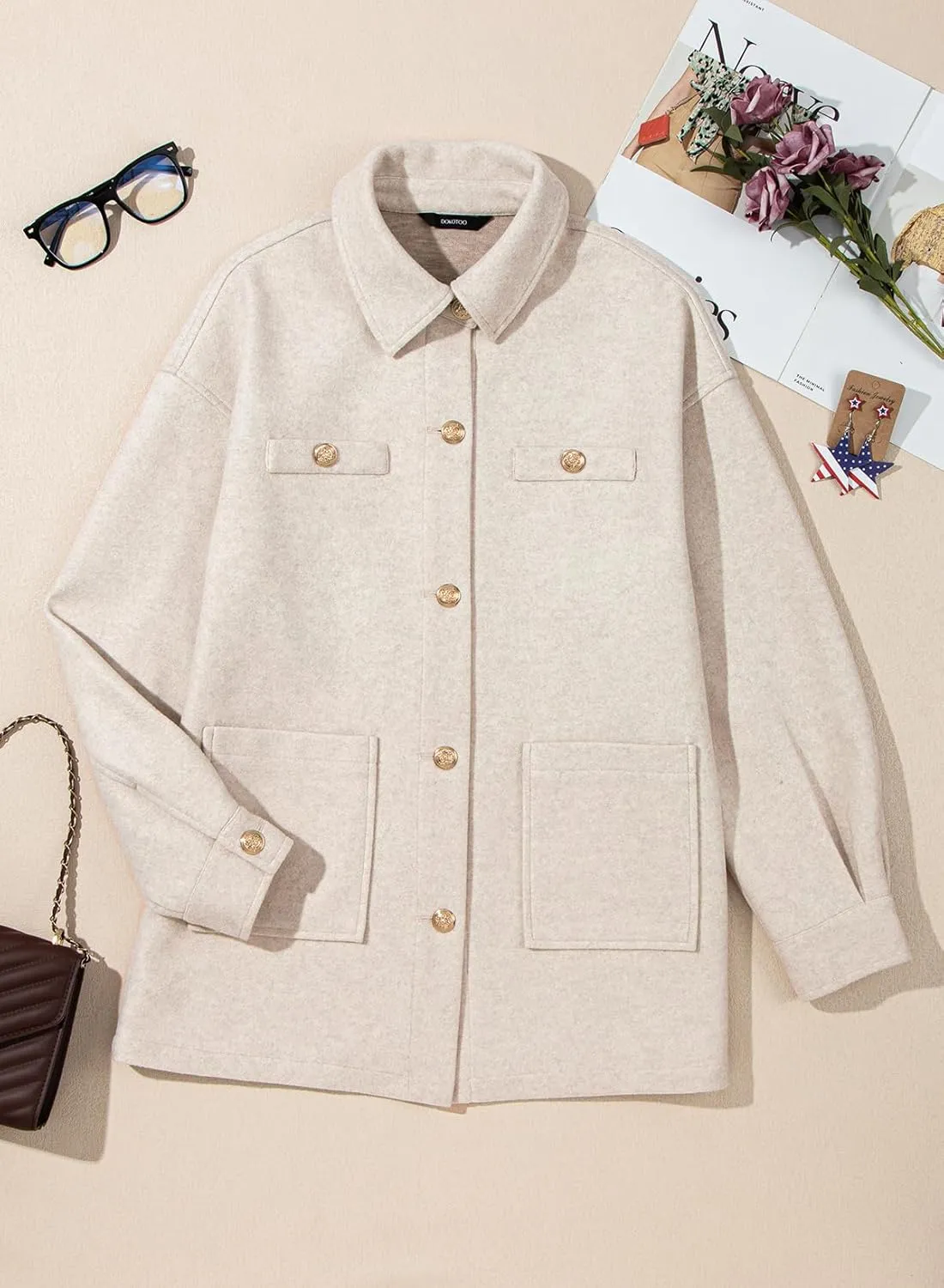 Dokotoo Women's Fall Oversized Long Sleeve Shacket Jackets 2024 Button Down Coats with Pockets