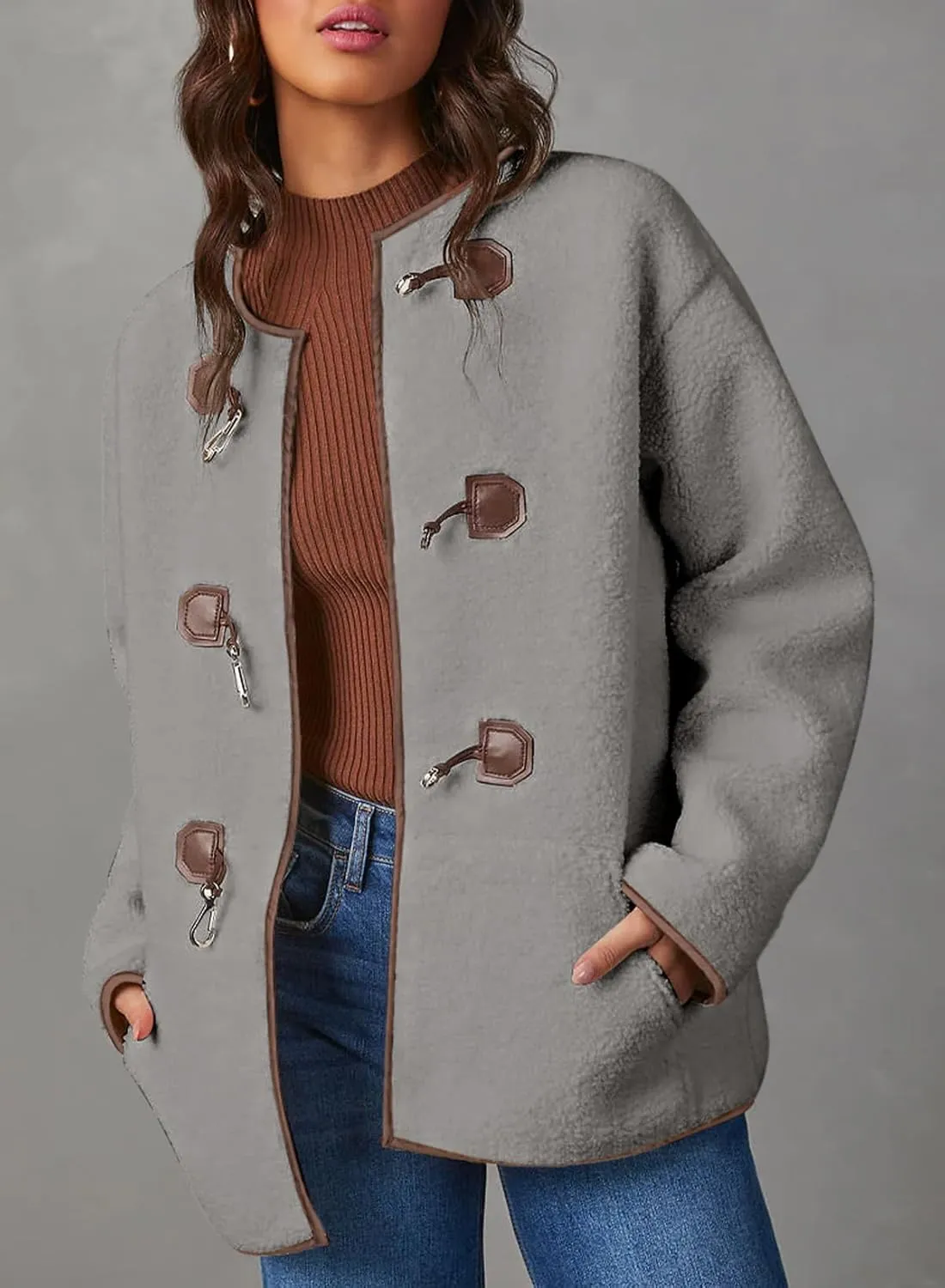 Dokotoo Womens Long Sleeve Jackets Fashion Faux Shearling Oversized Color Block Button Sherpa Jacket Coats
