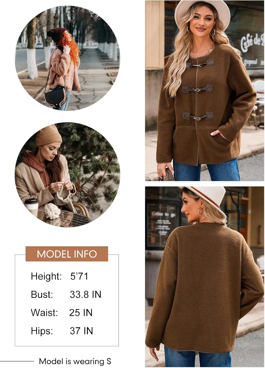 Dokotoo Womens Long Sleeve Jackets Fashion Faux Shearling Oversized Color Block Button Sherpa Jacket Coats