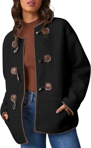 Dokotoo Womens Long Sleeve Jackets Fashion Faux Shearling Oversized Color Block Button Sherpa Jacket Coats