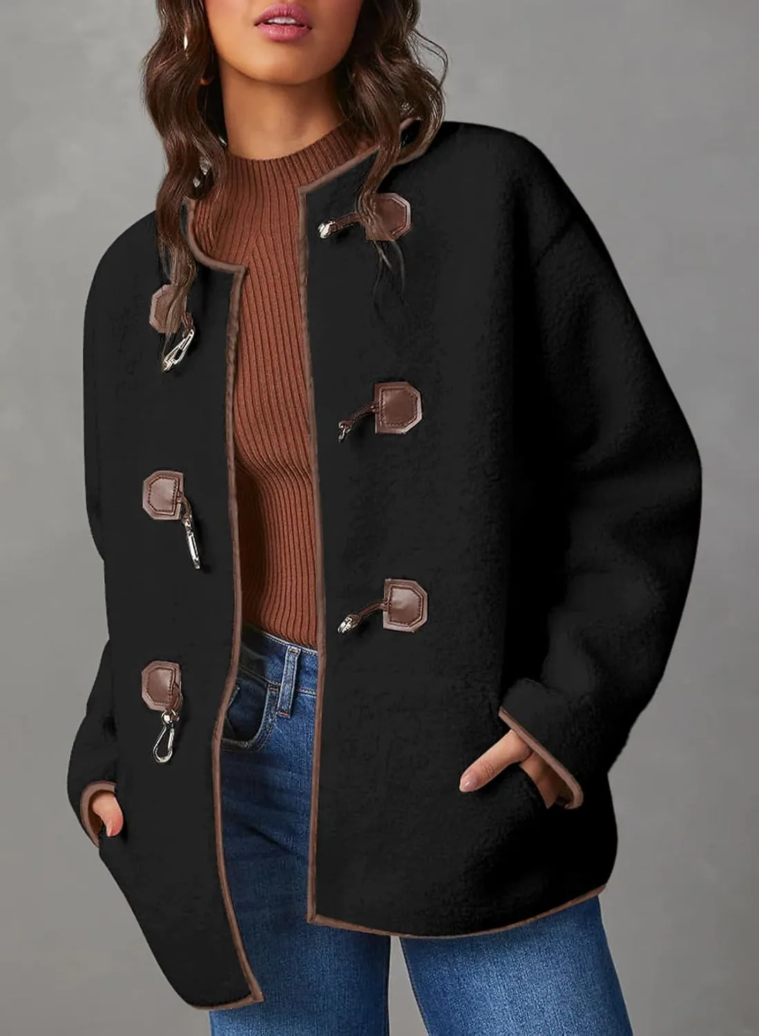 Dokotoo Womens Long Sleeve Jackets Fashion Faux Shearling Oversized Color Block Button Sherpa Jacket Coats