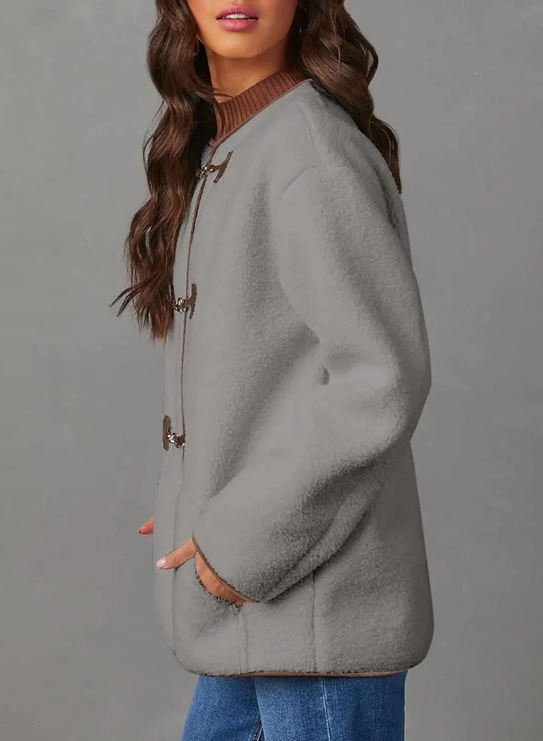 Dokotoo Womens Long Sleeve Jackets Fashion Faux Shearling Oversized Color Block Button Sherpa Jacket Coats