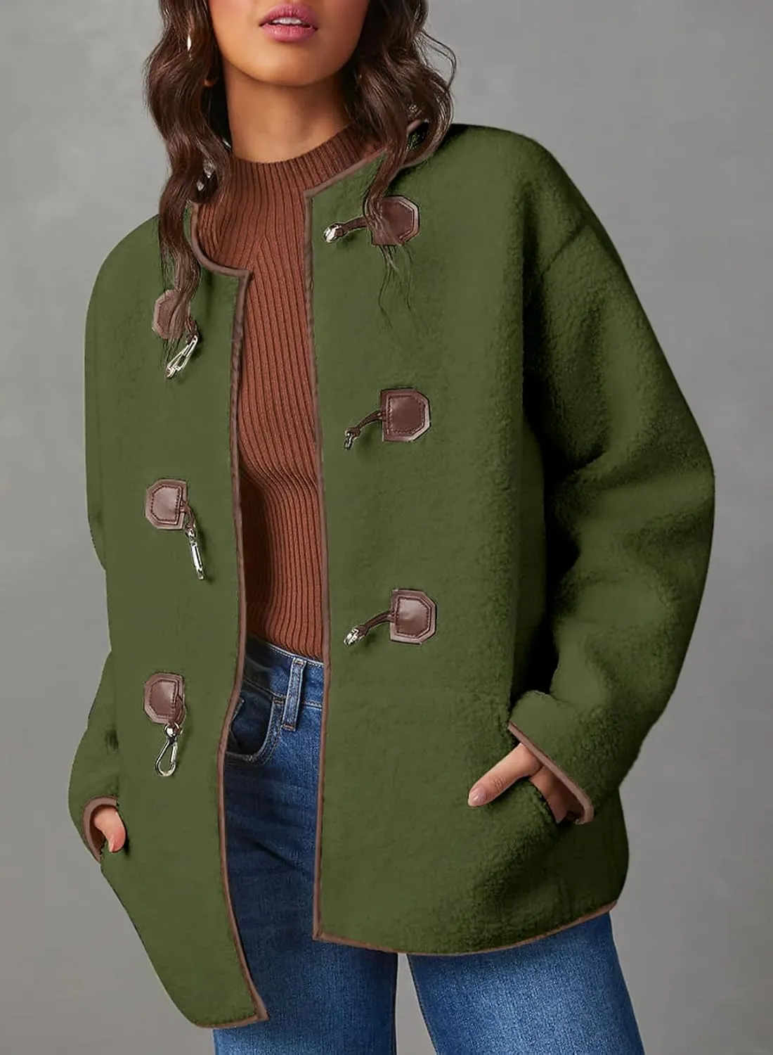 Dokotoo Womens Long Sleeve Jackets Fashion Faux Shearling Oversized Color Block Button Sherpa Jacket Coats