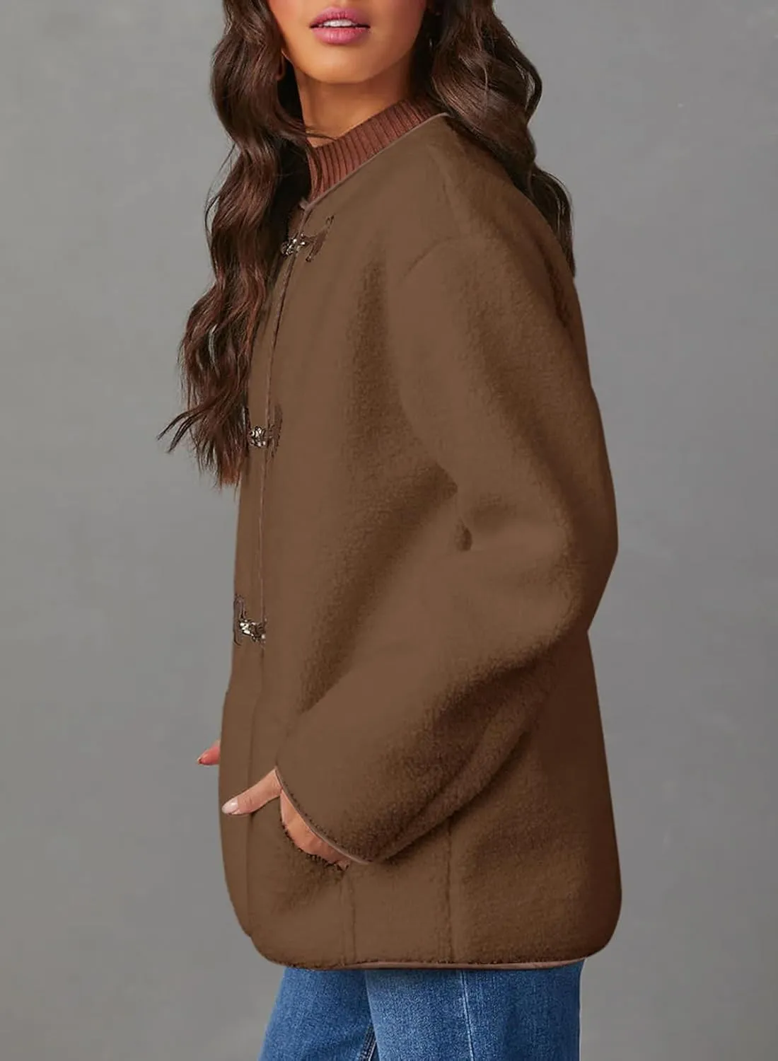Dokotoo Womens Long Sleeve Jackets Fashion Faux Shearling Oversized Color Block Button Sherpa Jacket Coats