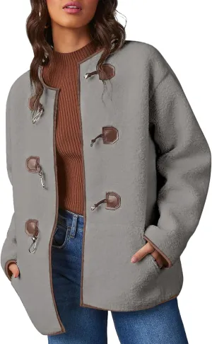 Dokotoo Womens Long Sleeve Jackets Fashion Faux Shearling Oversized Color Block Button Sherpa Jacket Coats