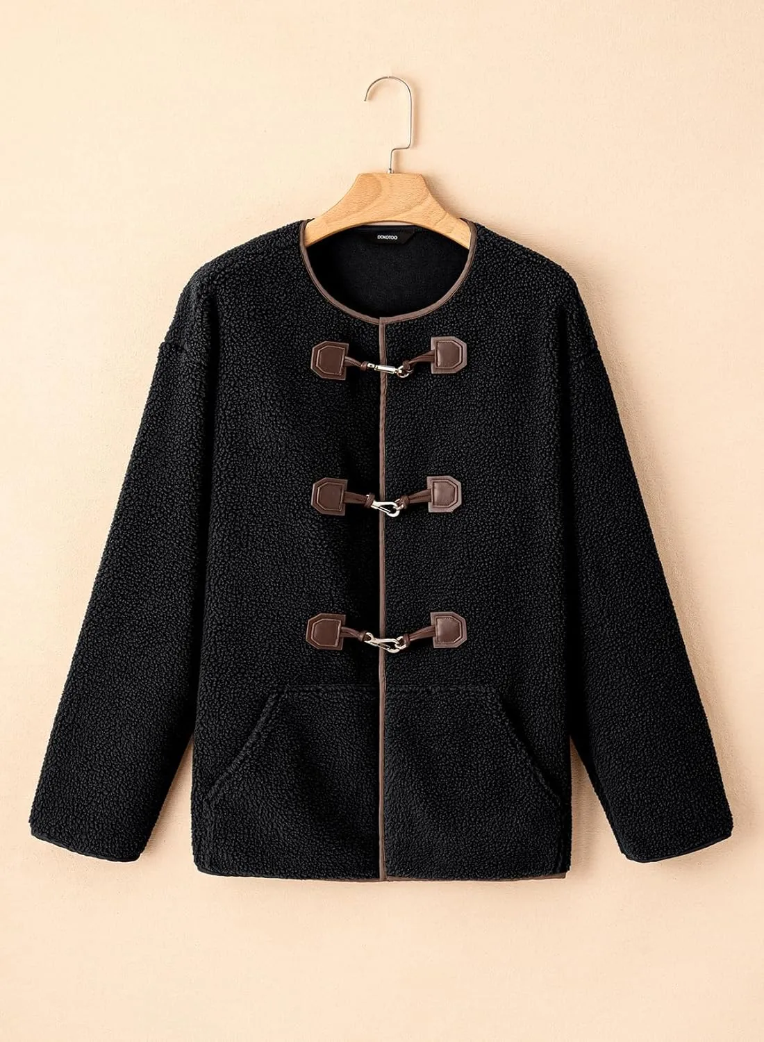 Dokotoo Womens Long Sleeve Jackets Fashion Faux Shearling Oversized Color Block Button Sherpa Jacket Coats