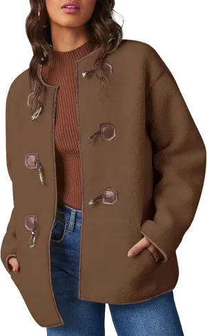 Dokotoo Womens Long Sleeve Jackets Fashion Faux Shearling Oversized Color Block Button Sherpa Jacket Coats