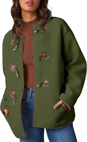 Dokotoo Womens Long Sleeve Jackets Fashion Faux Shearling Oversized Color Block Button Sherpa Jacket Coats