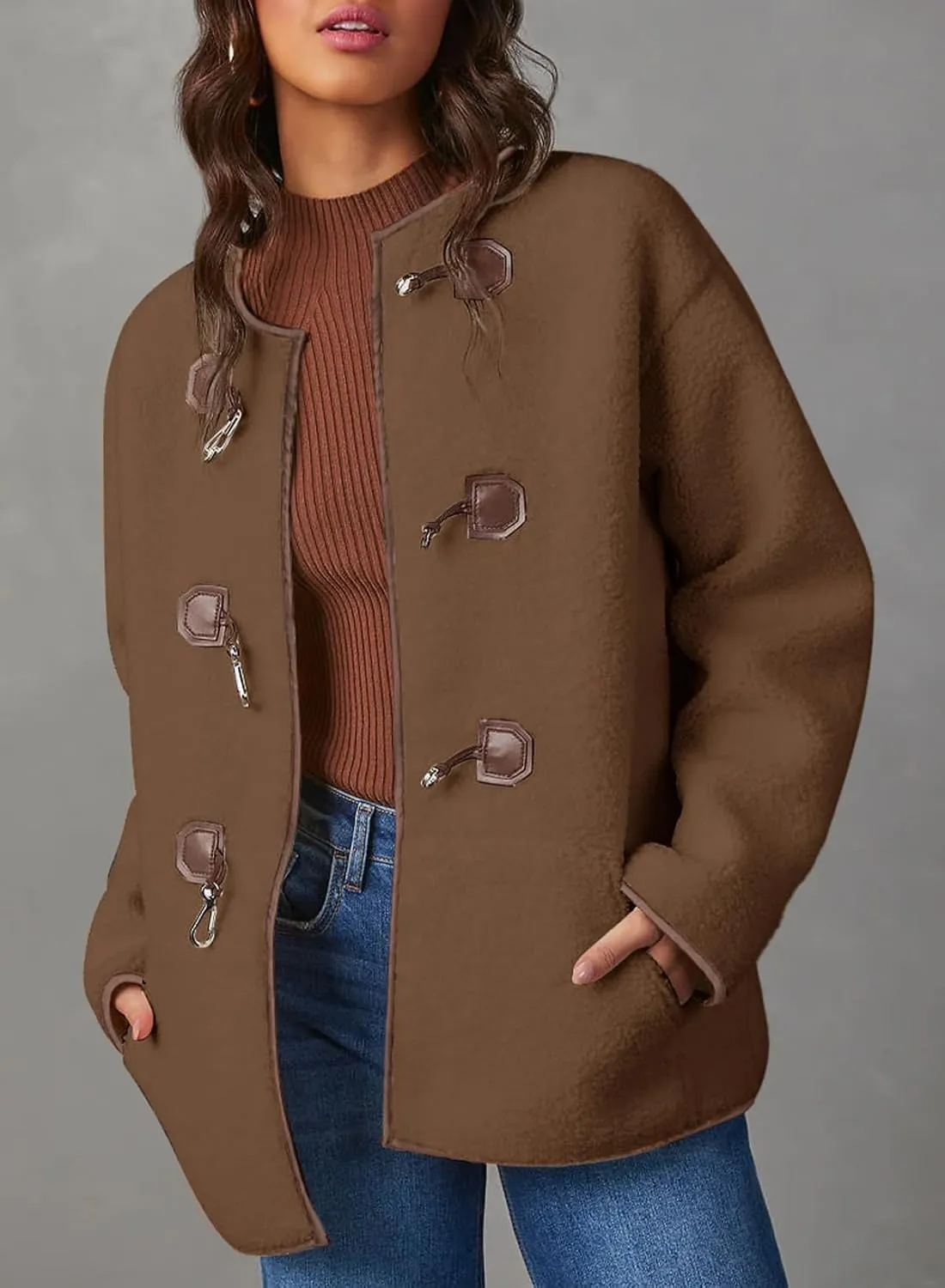 Dokotoo Womens Long Sleeve Jackets Fashion Faux Shearling Oversized Color Block Button Sherpa Jacket Coats