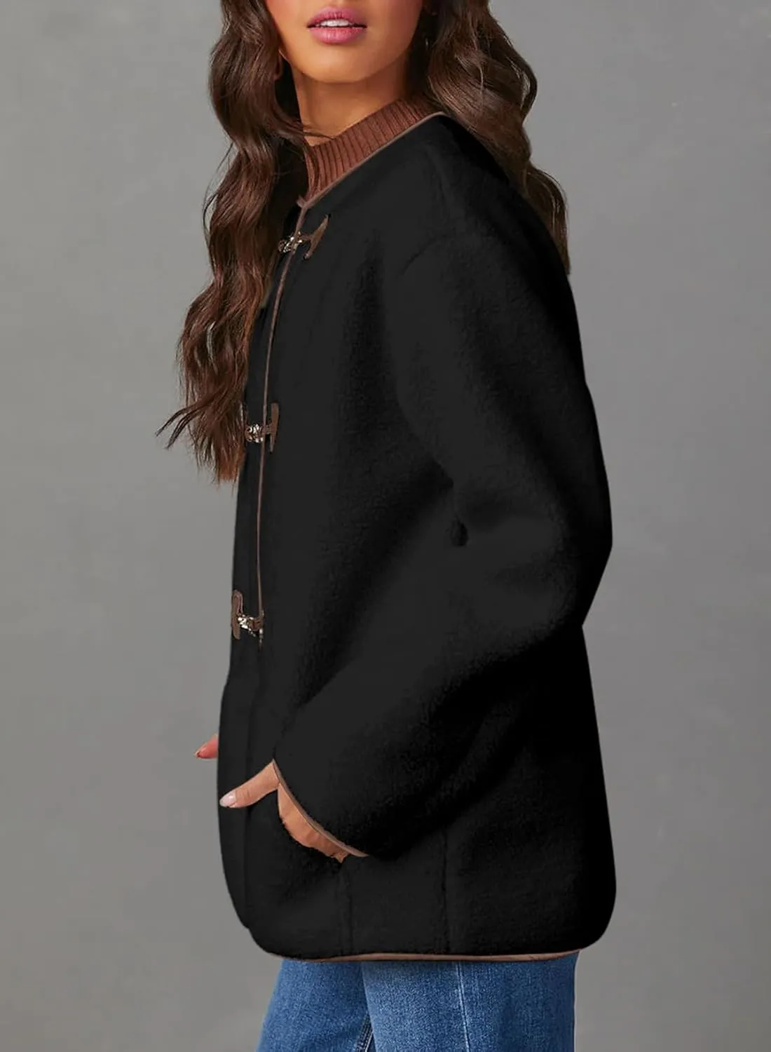 Dokotoo Womens Long Sleeve Jackets Fashion Faux Shearling Oversized Color Block Button Sherpa Jacket Coats