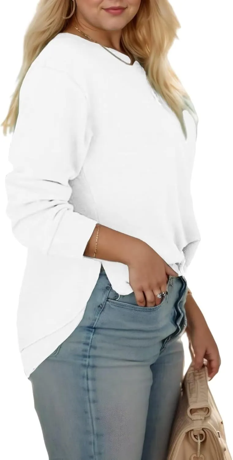 DOLNINE Plus-Size-Sweatshirts for Women Casual Crewneck Shirts Long Sleeve Side Split Tunic Tops Loose Fit Pullover
