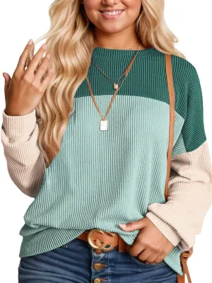 DOLNINE Plus-Size-Tops-for-Women Fall Long Sleeve Shirts Casual Color Block Crewneck Sweatshirts Oversized Ribbed Knit Tunic