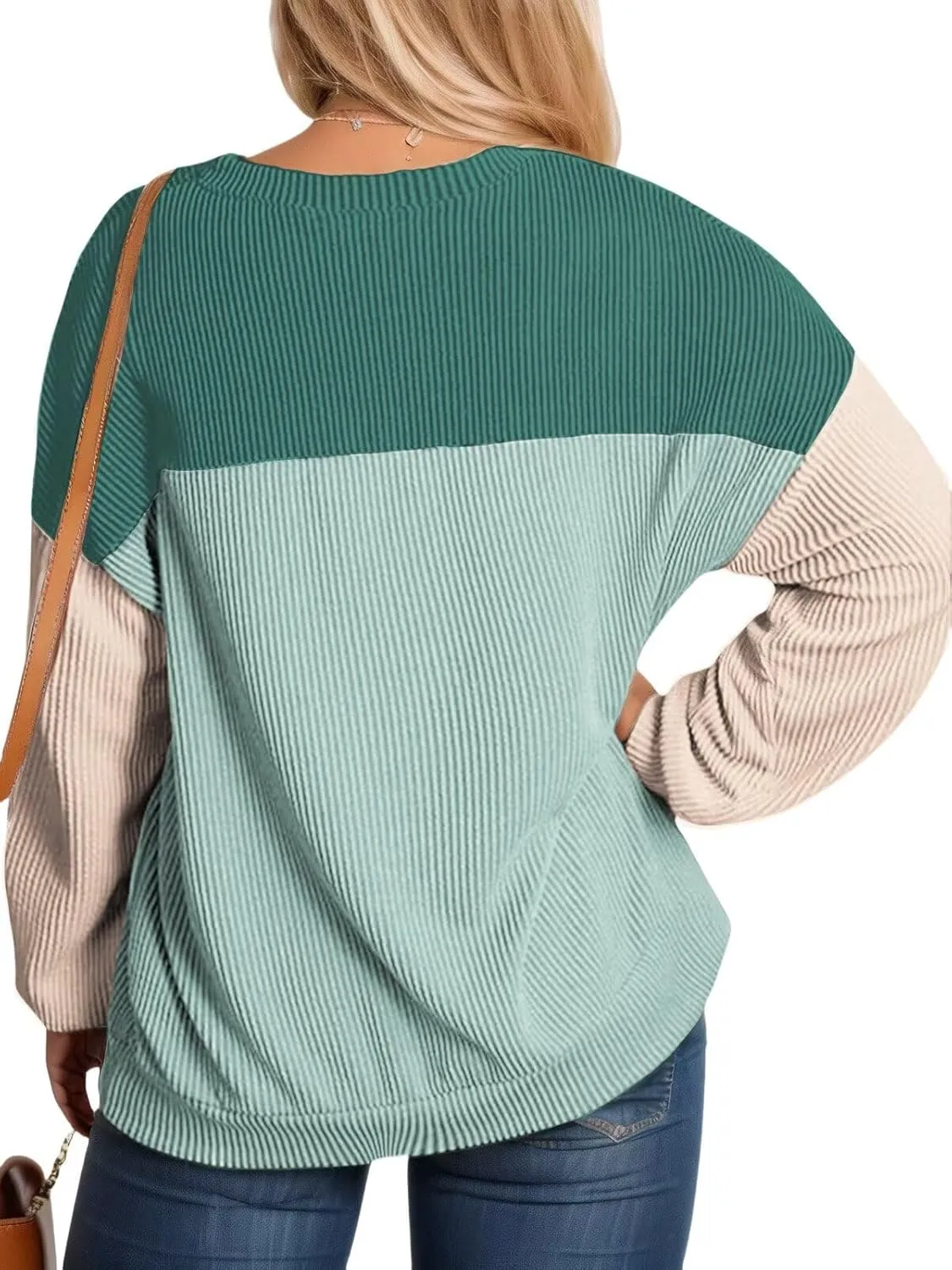 DOLNINE Plus-Size-Tops-for-Women Fall Long Sleeve Shirts Casual Color Block Crewneck Sweatshirts Oversized Ribbed Knit Tunic