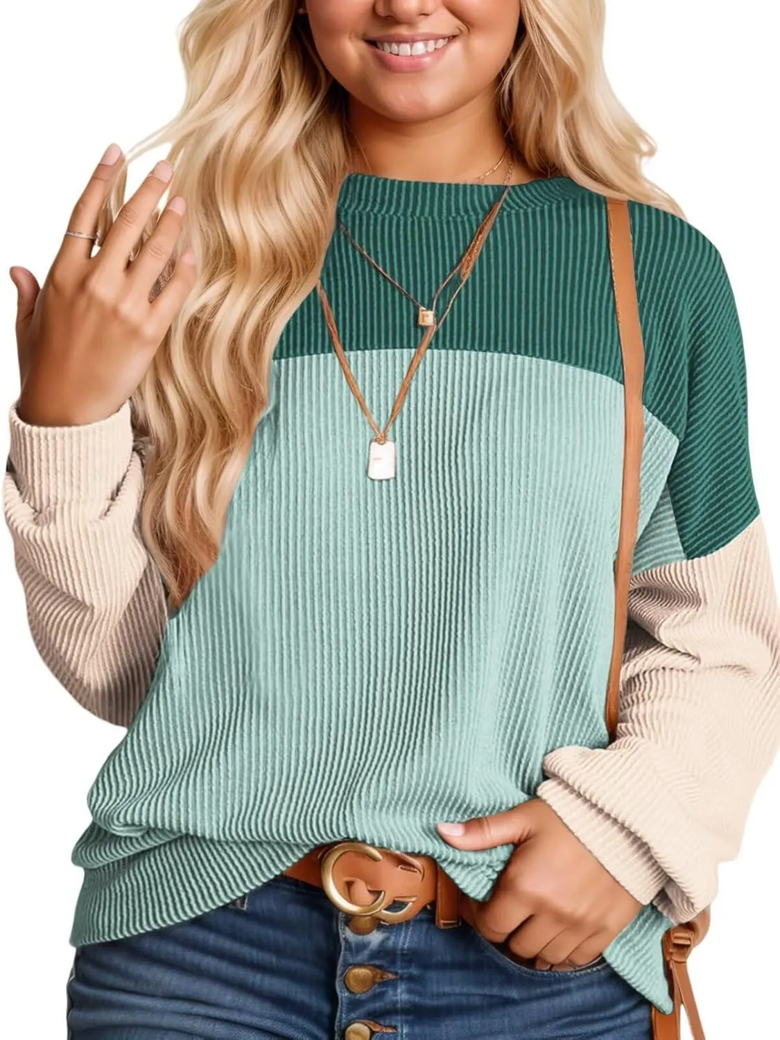 DOLNINE Plus-Size-Tops-for-Women Fall Long Sleeve Shirts Casual Color Block Crewneck Sweatshirts Oversized Ribbed Knit Tunic