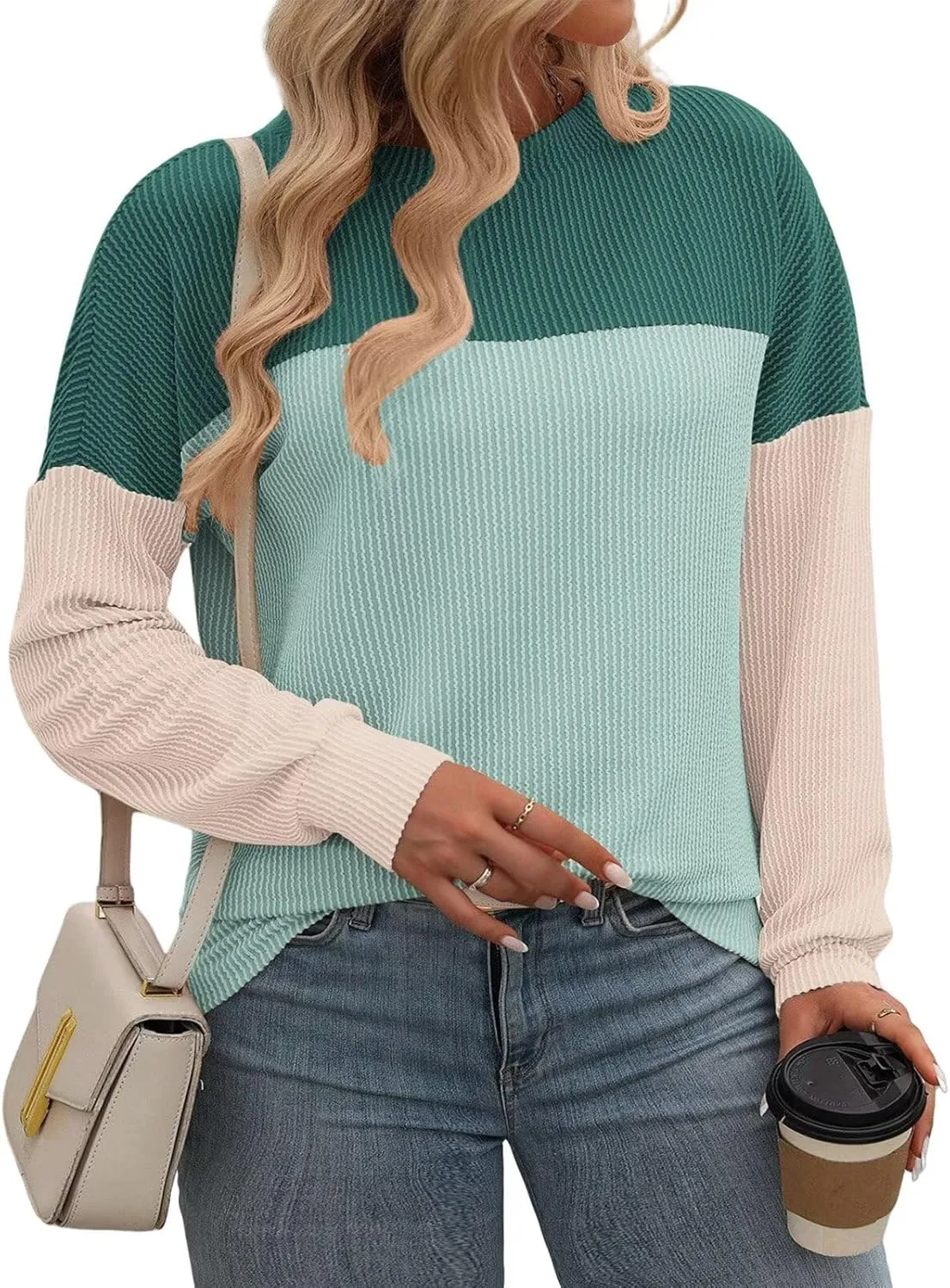 DOLNINE Plus-Size-Tops-for-Women Fall Long Sleeve Shirts Casual Color Block Crewneck Sweatshirts Oversized Ribbed Knit Tunic