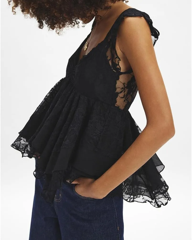 DSORVICD Women Y2k Ruffle Tank Top Coquette Lace Patchwork Tie Sleeveless Cami Top Summer Going Out Top Camisole Fairy