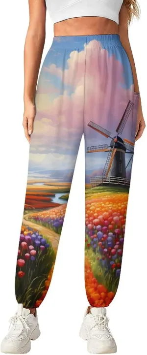 Dutch Windmills Tulips Women's Harem Pants Lightweight Yoga Pants Beach Pants Dance Trousers with Pockets