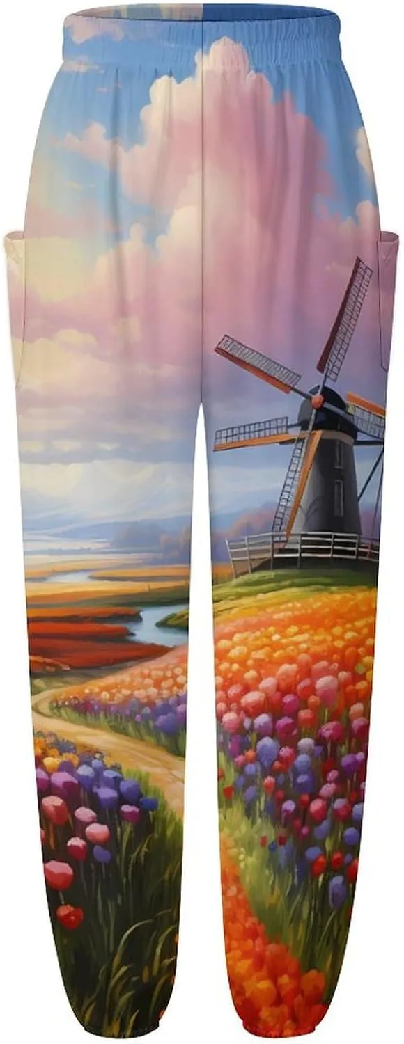 Dutch Windmills Tulips Women's Harem Pants Lightweight Yoga Pants Beach Pants Dance Trousers with Pockets