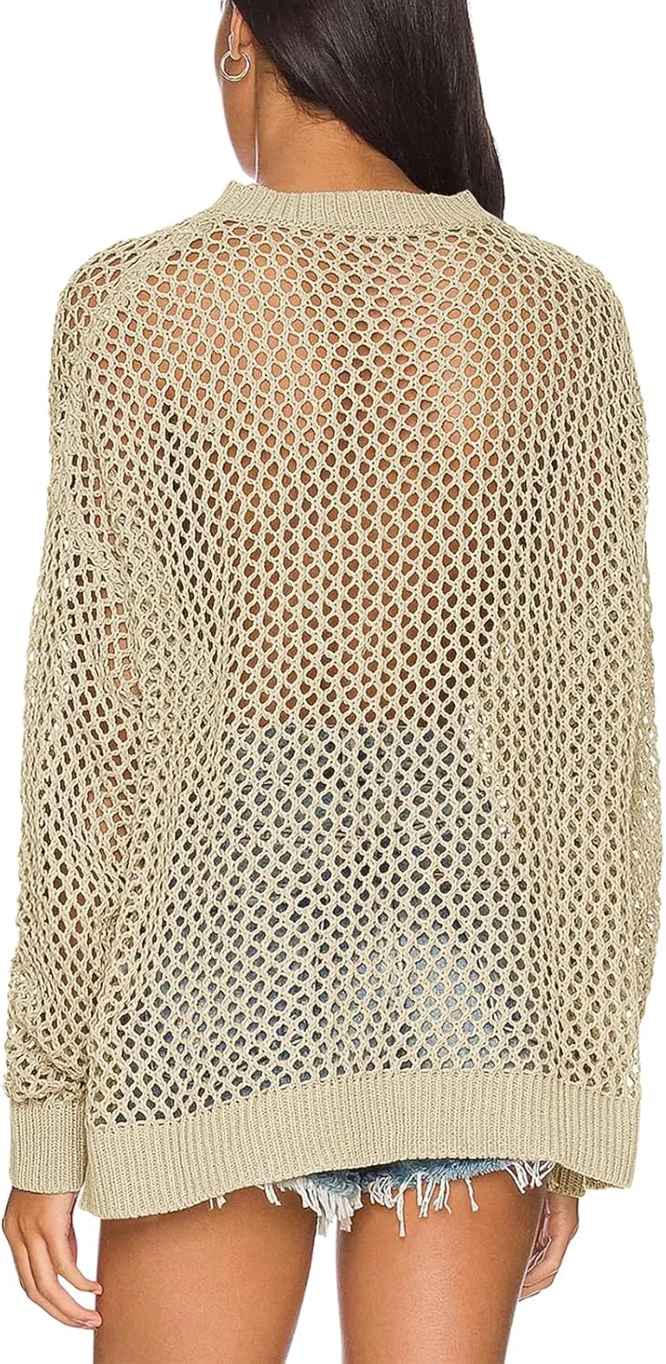 Ebifin Womens Crochet Tops Long Sleeve Beach Summer Sweater Crew Neck Mesh Cover Ups Bikini Swimsuit Tunic Pullover Tops