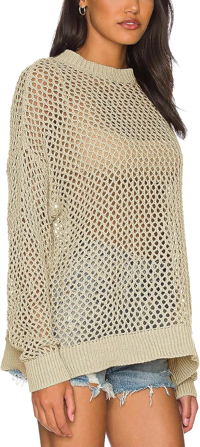 Ebifin Womens Crochet Tops Long Sleeve Beach Summer Sweater Crew Neck Mesh Cover Ups Bikini Swimsuit Tunic Pullover Tops