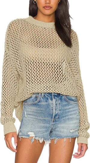 Ebifin Womens Crochet Tops Long Sleeve Beach Summer Sweater Crew Neck Mesh Cover Ups Bikini Swimsuit Tunic Pullover Tops
