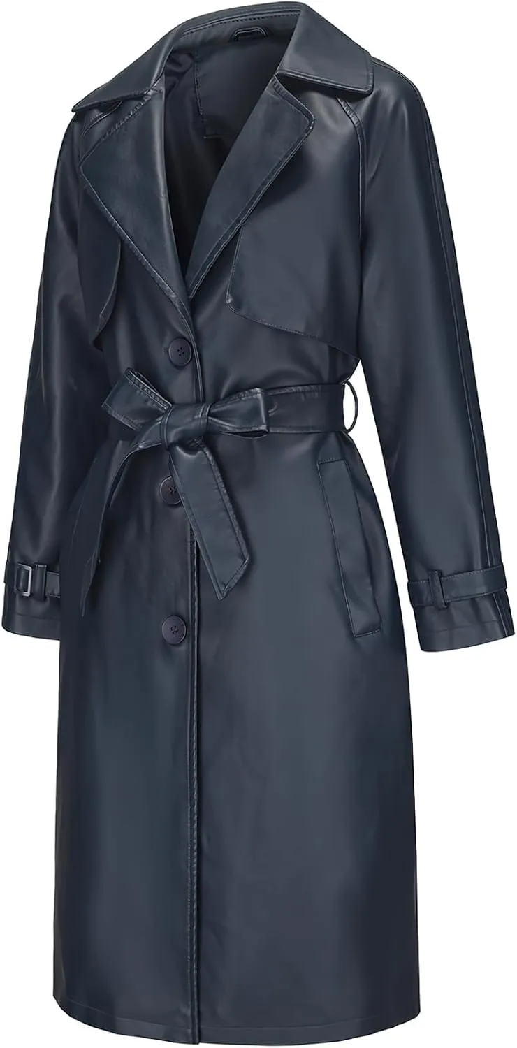 ebossy Women's Faux Leather Long PU Jacket Button Down Windproof Oversized Trench Coat with Belt