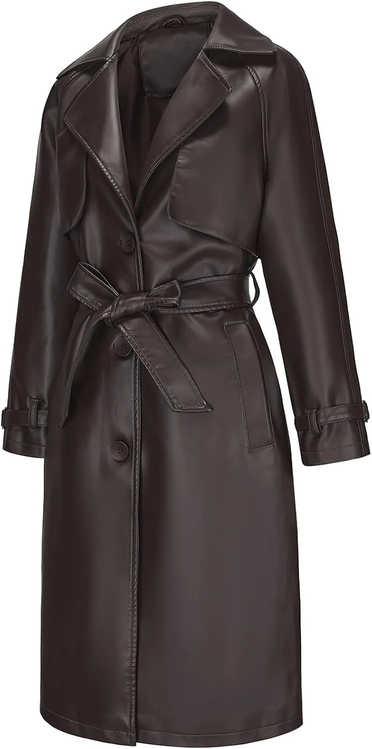 ebossy Women's Faux Leather Long PU Jacket Button Down Windproof Oversized Trench Coat with Belt